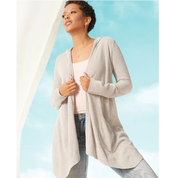 Barefoot Dreams CozyChic Ultra Lite Hooded Seashore Cardigan Cream Medium LARGE - Picture 1 of 9